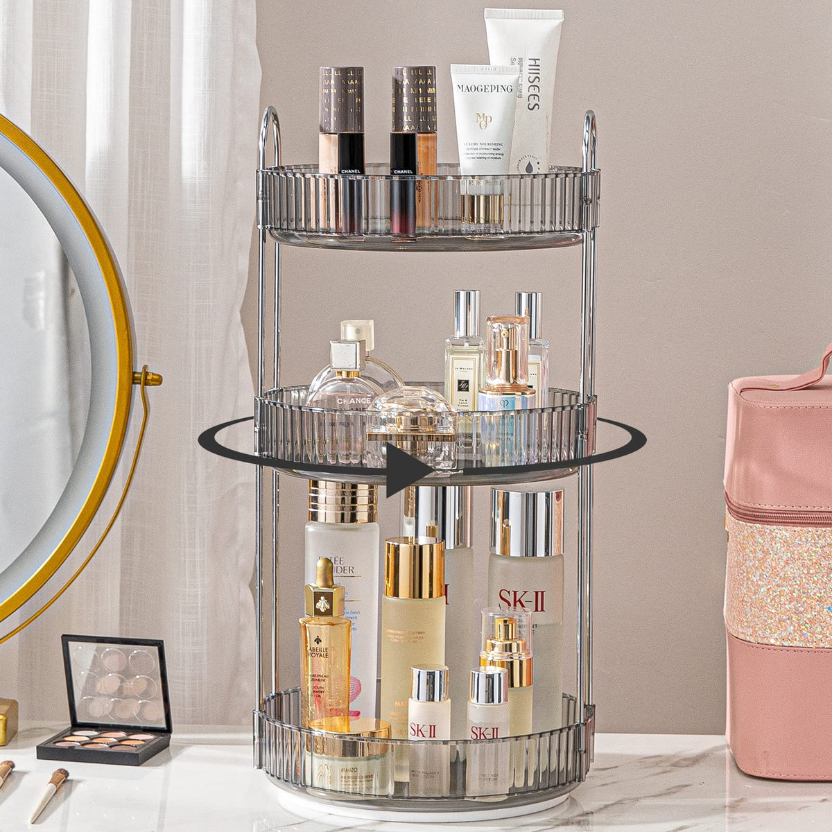 shuang qing Rotating Makeup Organizer for Vanity, Large Capacity Skincare Perfume Storage, Bathroom Counter Organizer, 360 Spinning Cosmetic Dresser Countertop Organizers (Clear, 3 Tier)