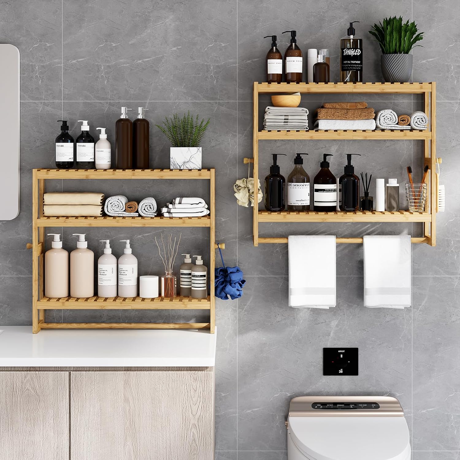 RRX Bathroom Shelf Storage Organizer, Shelf 3-Tier Adjustable Layer, Beige