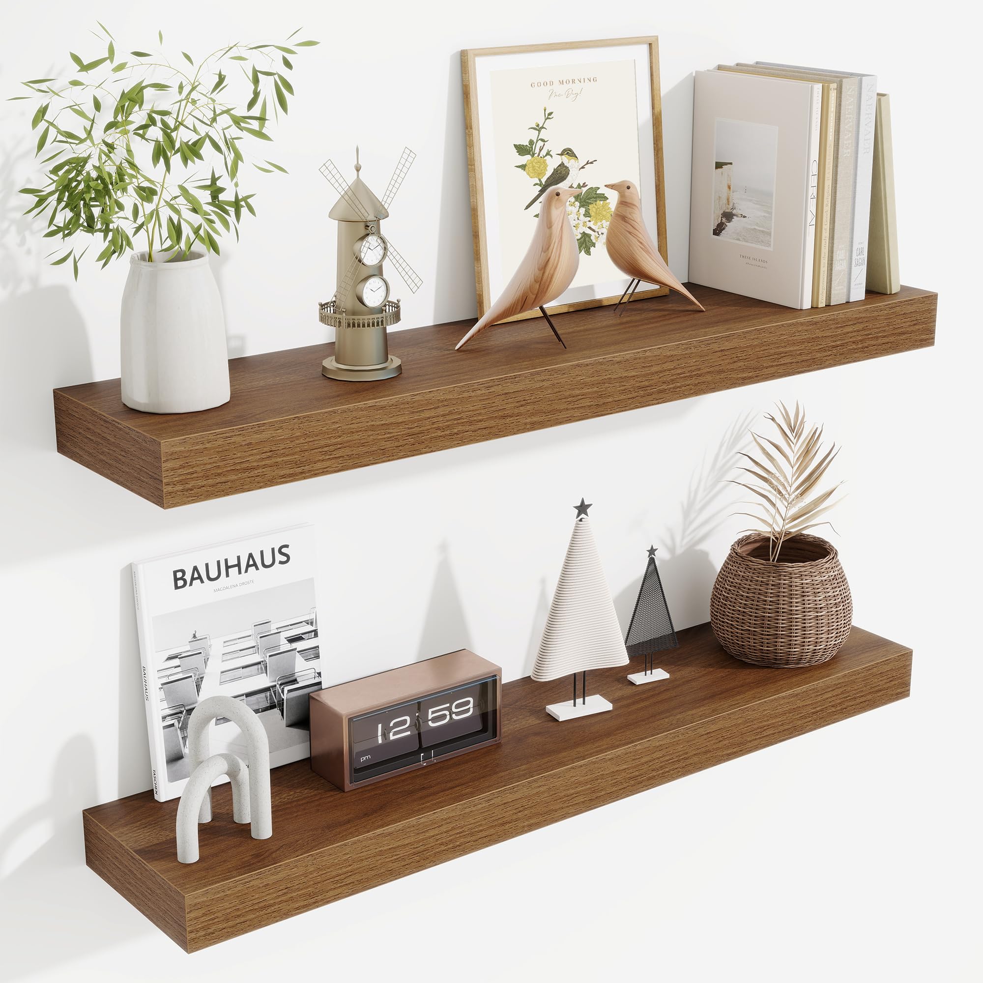 Fun Memories Floating Shelves Bathroom for Wall Mounted Shelves, 20 Inch Wood Shelf Set of 2, Home Storage & Display Decor, Walnut