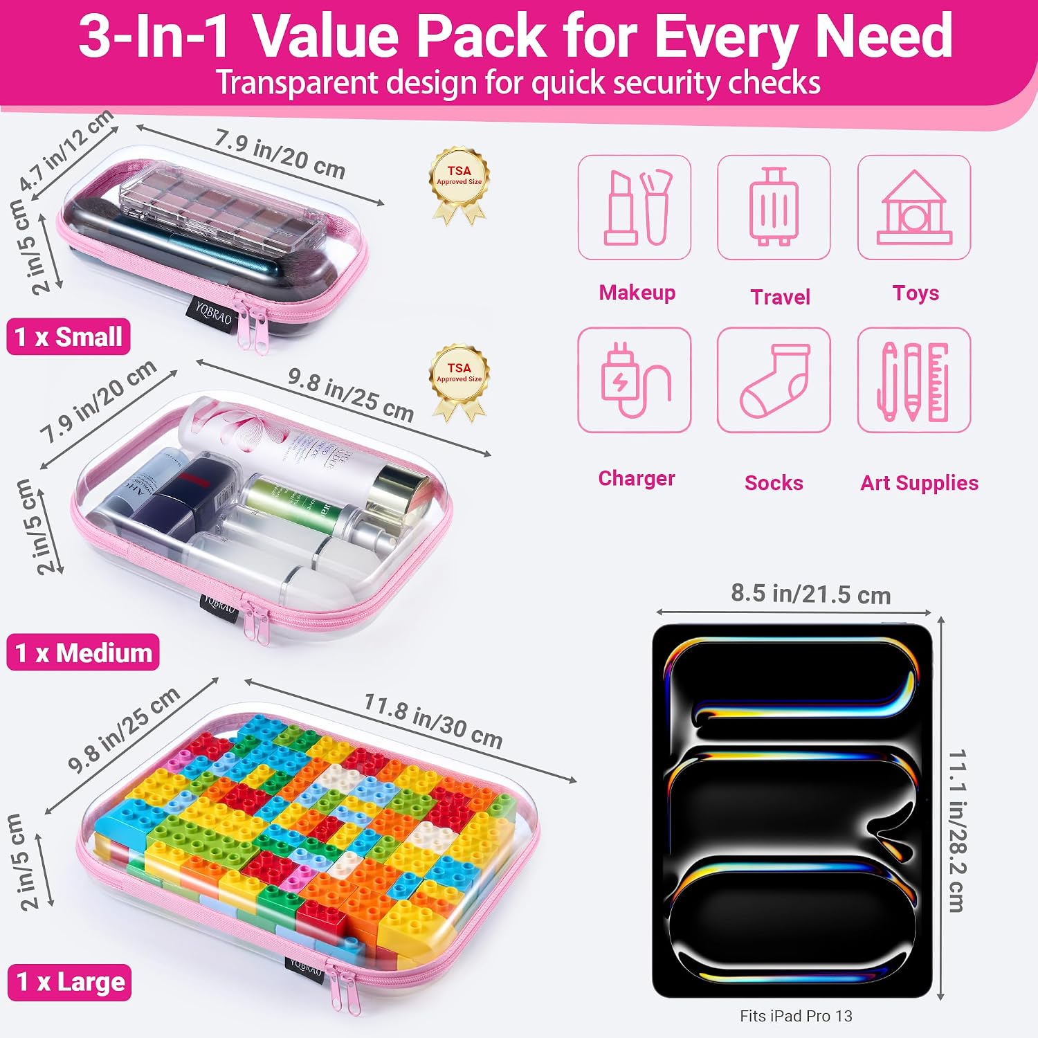 YQBRAO 3-Piece Clear Hard Shell Zipper Case Set, 1L 1M 1S, Pink