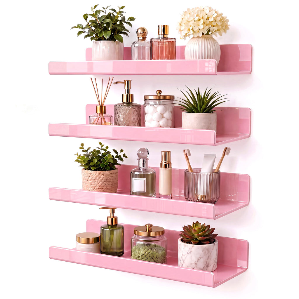 White Acrylic Bathroom Shelf Wall Mounted Floating Organizer with Front Lip