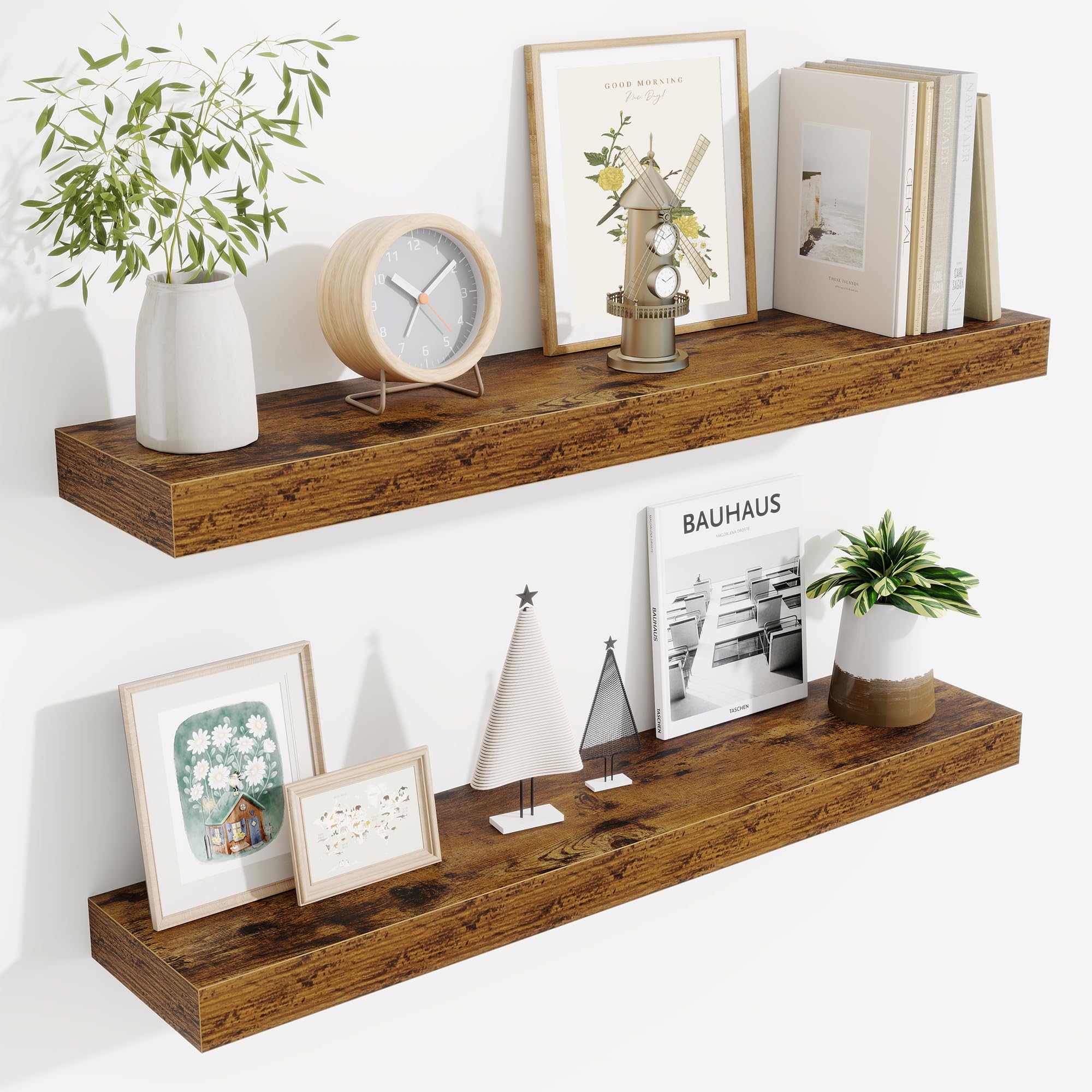 Fun Memories Floating Shelves Bathroom for Wall Mounted Shelves, 20 Inch Wood Shelf Set of 2, Home Storage & Display Decor, Walnut