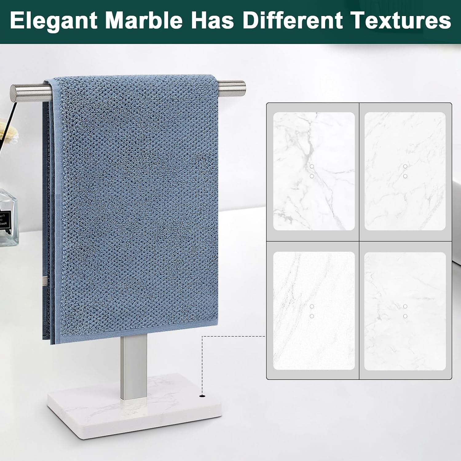 Hand Towel Holder, T-Shape Hand Towel Stand for Bathroom, Hand Towel Rack Bar Standing for Vanity Kitchen Countertop, 304 Stainless Steel (Marble Base, Brushed)