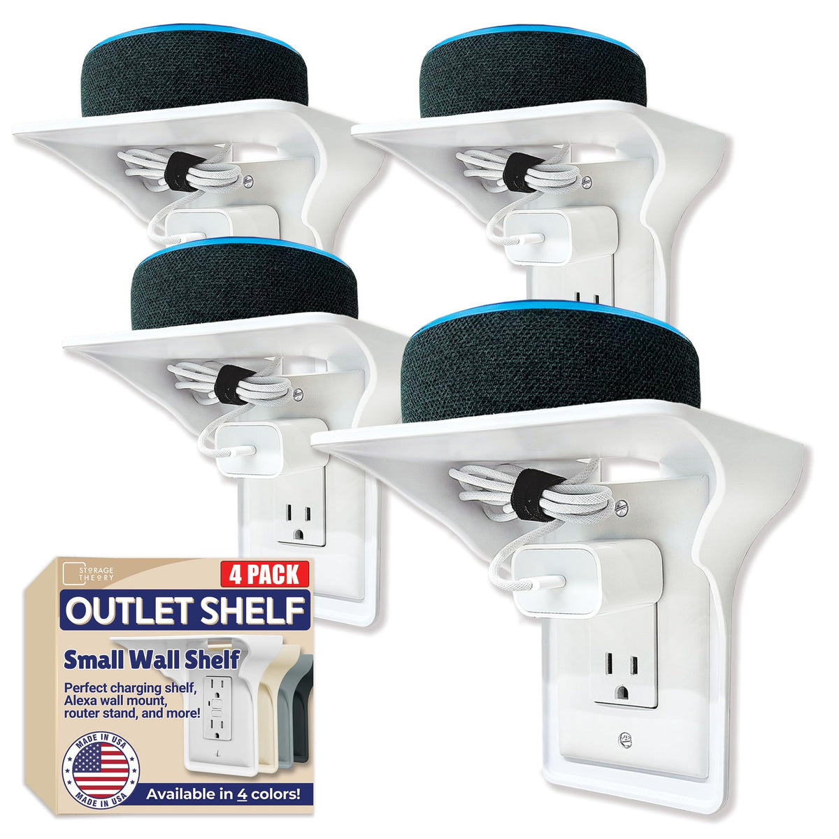 Power Perch Outlet Shelf with Cord Storage Strap, Plug Shelf White 2-Pack