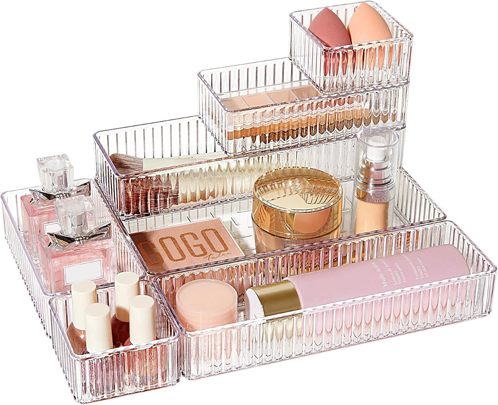 Vtopmart 7 PCS Clear Makeup Drawer Organizers Bins, 4-Size Stackable Makeup and Vanity Organizer Trays, Acrylic Bathroom Storage Containers for Cosmetic, Toiletries, Office Supply, Utensils, Gadgets