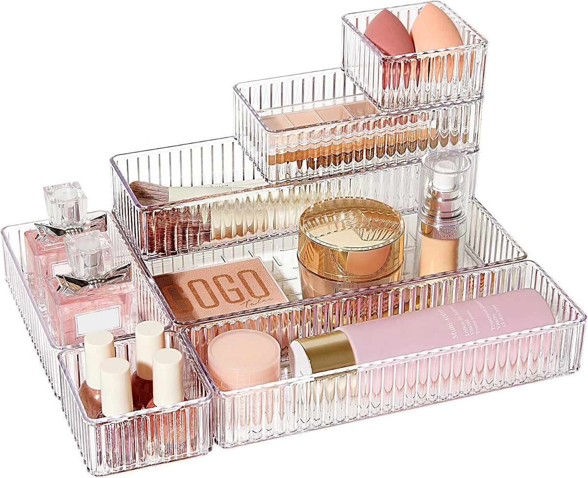 Vtopmart 7 PCS Clear Makeup Drawer Organizers Bins, 4-Size Stackable Makeup and Vanity Organizer Trays, Acrylic Bathroom Storage Containers for Cosmetic, Toiletries, Office Supply, Utensils, Gadgets