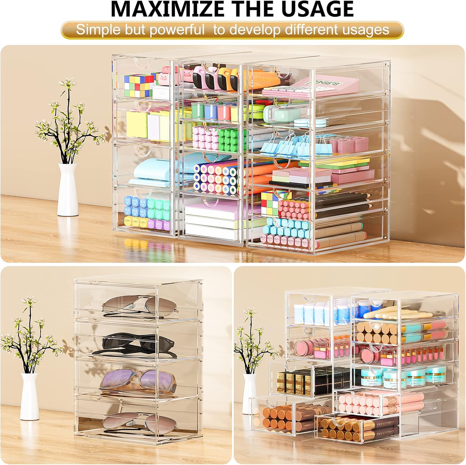 YFXCVSL 3-Pack Acrylic 15-Drawer Storage & Makeup Organizer for Desk