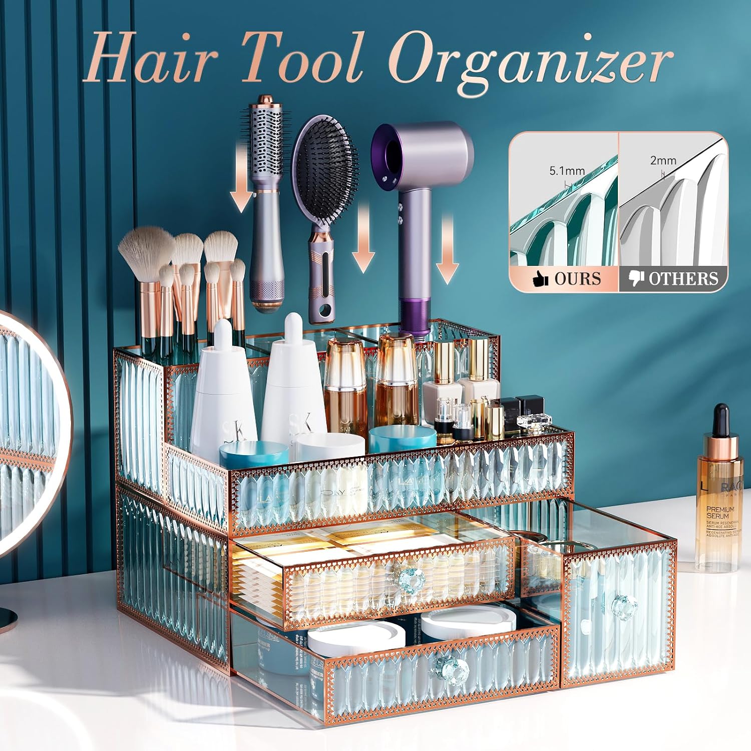 Youdepot Makeup Organizer Countertop - Tempered Glass Vanity Organizer for Cosmetics, Skincare, Hair Tools, Brushes, Perfume - Multipurpose Bathroom Counter Skincare Organizer