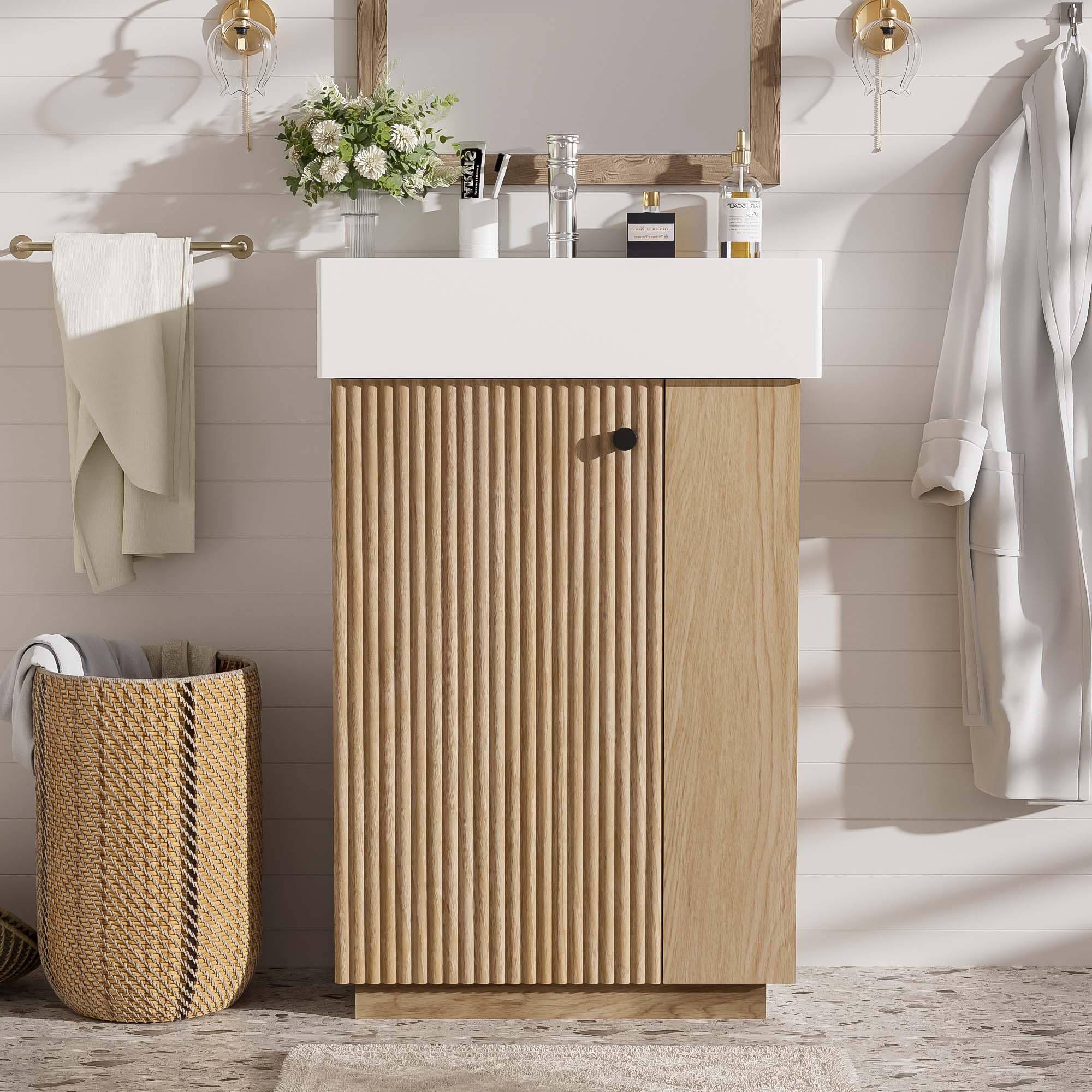 Virubi 20 in Small Bathroom Vanity with Sink, Soft Closing Door,Tilt-Out Drawer and Adjustable Shelf,Solid Wood Frame Modern Single Bathroom Sink Cabinet with Storage, Freestanding, Natural Wood