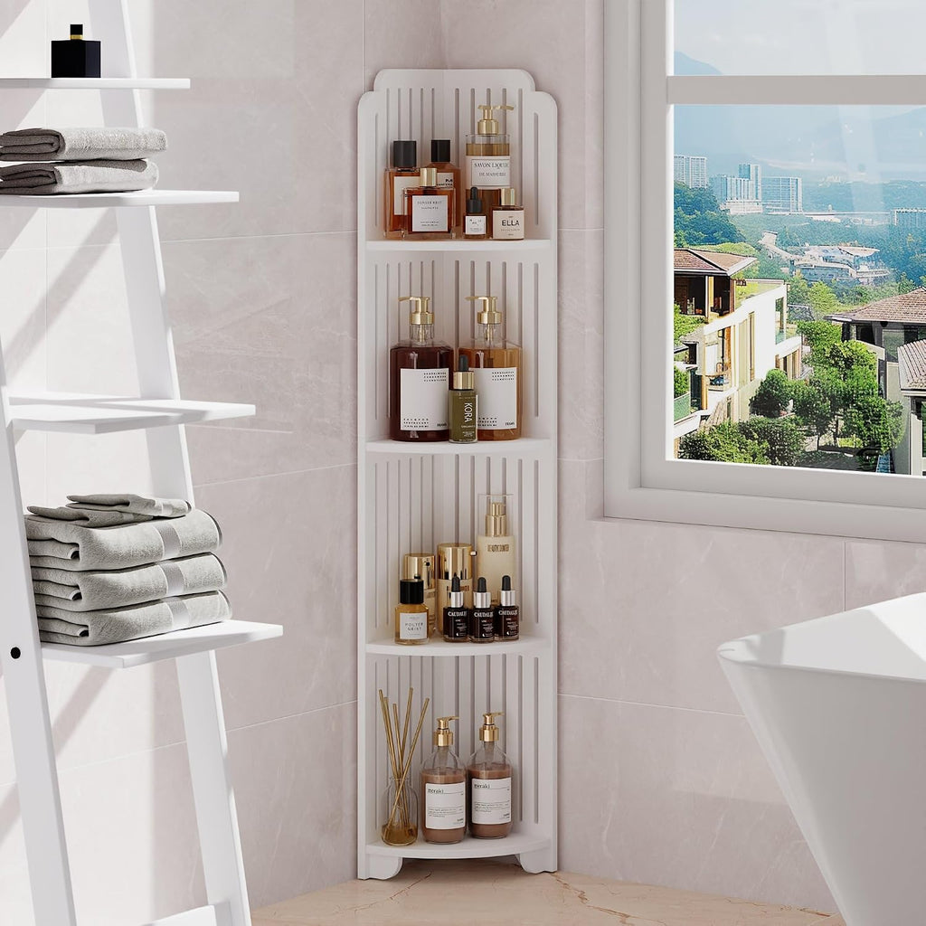 VECELO 4-Tier Bathroom Shelves for Narrow Space, Modern Corner Shelf Stand,Small Storage Organizer for Bathroom,Toilet Paper Stand,White