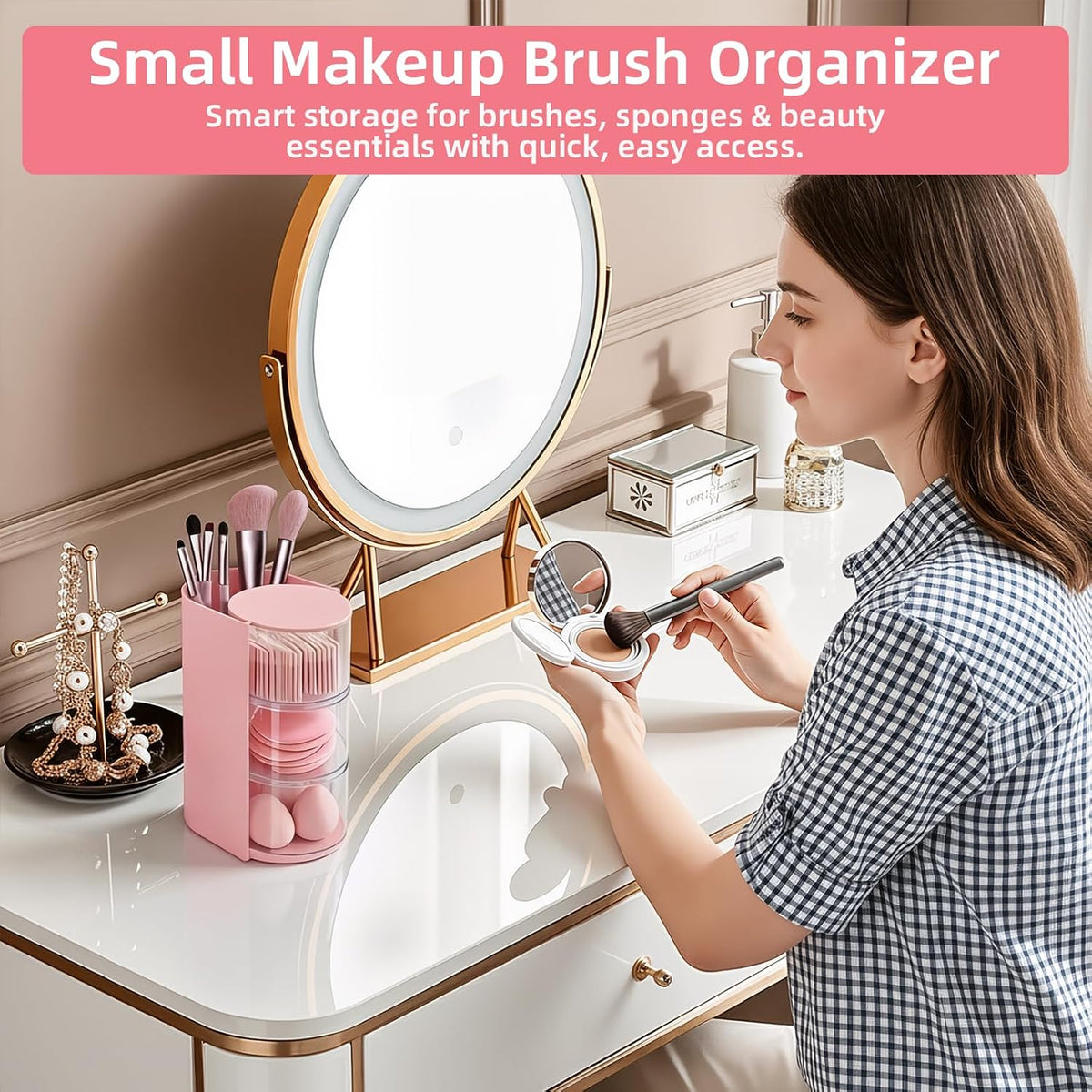 neotidy Hair Accessories Organizer with Hair Brush Holder, Rotating Hair Tie Product Organizer for Girls, 3-Tier Makeup Brush Holder for Clips, Bows & Brushes (Pink, 3-Tier)