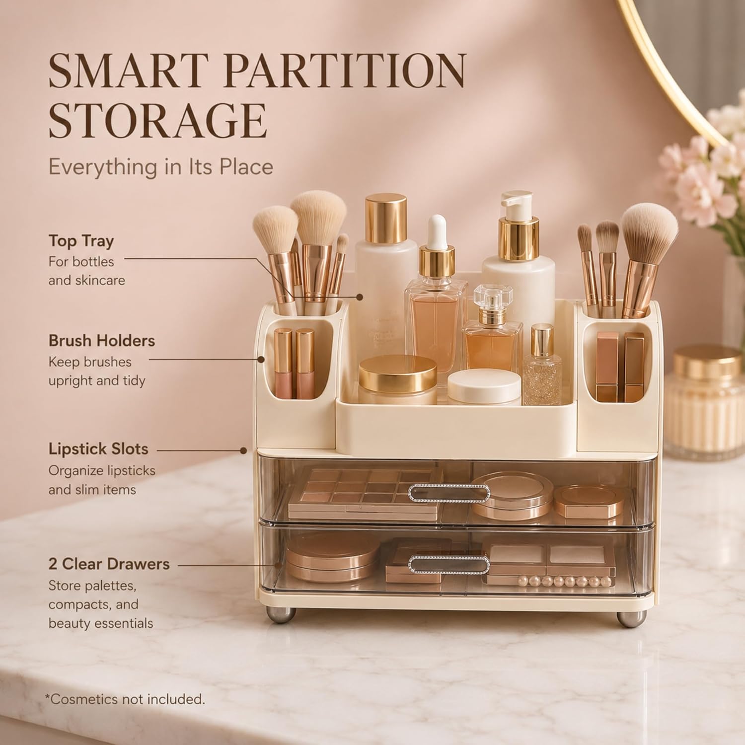 ROOM127 Makeup Organizer for Vanity with 2 Clear Drawers and Brush Holders