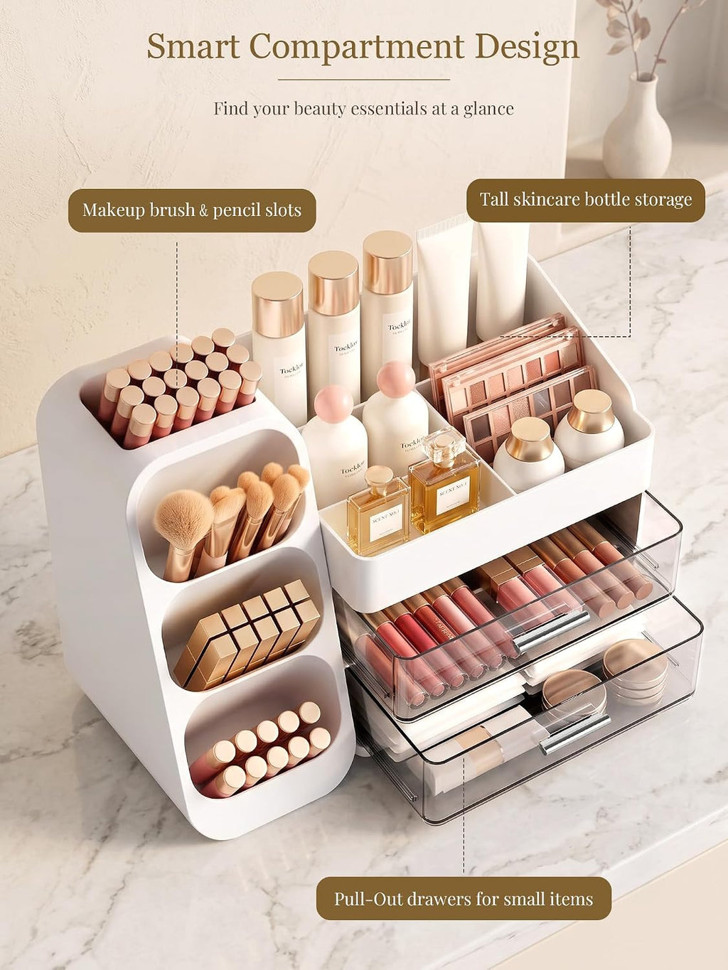Booklov Large Makeup Organizer for Vanity Countertop, White