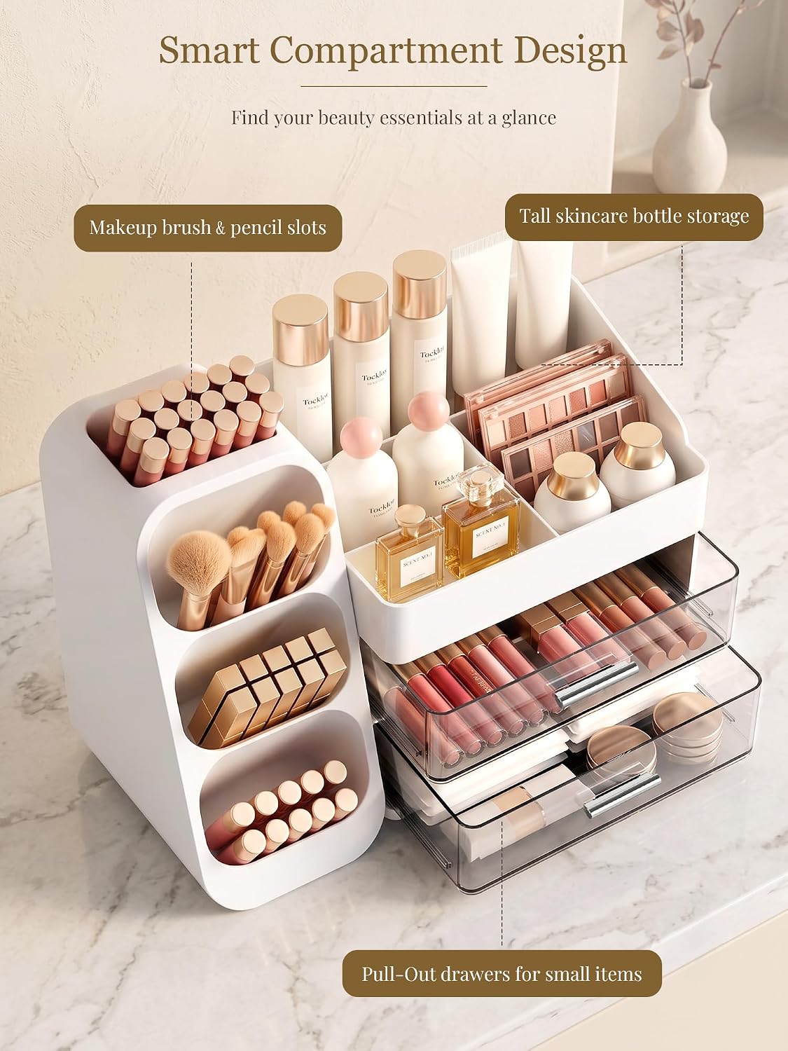 Booklov Large Makeup Organizer for Vanity Countertop, White