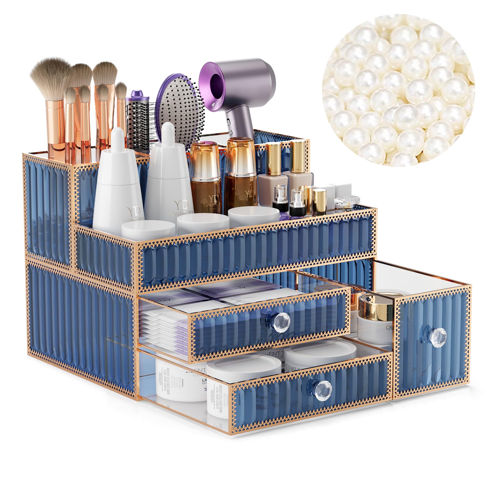 Youdepot Makeup Organizer Countertop - Tempered Glass Vanity Organizer for Cosmetics, Skincare, Hair Tools, Brushes, Perfume - Multipurpose Bathroom Counter Skincare Organizer