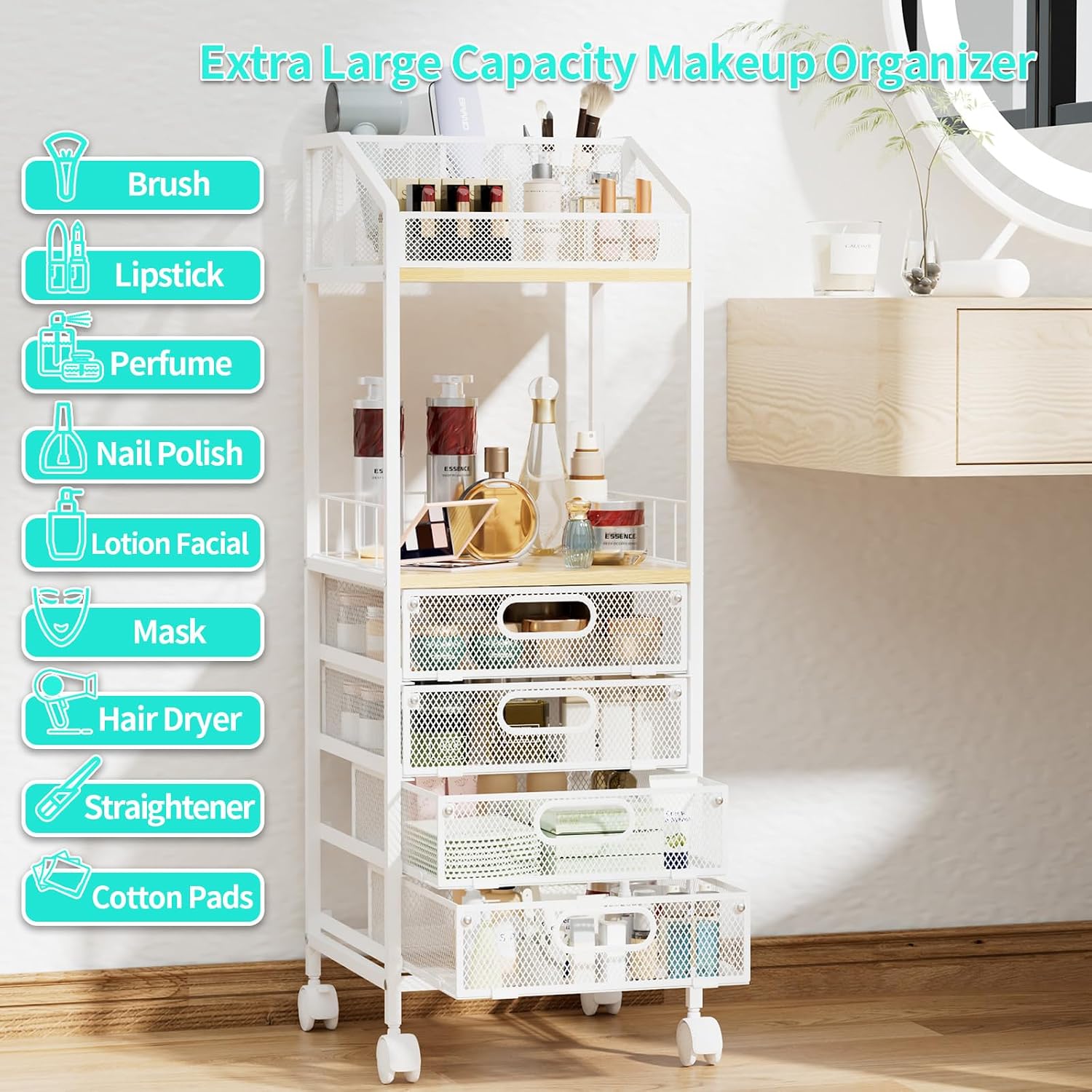 HapiRm Rolling Cart Makeup Organizer - Metal Makeup Cart with Wheels and Drawers for Small Spaces & Messy Vanities, Space-Saving Beauty Cosmetics Cart Storage Cabinet Stand for Perfume Hair Tools