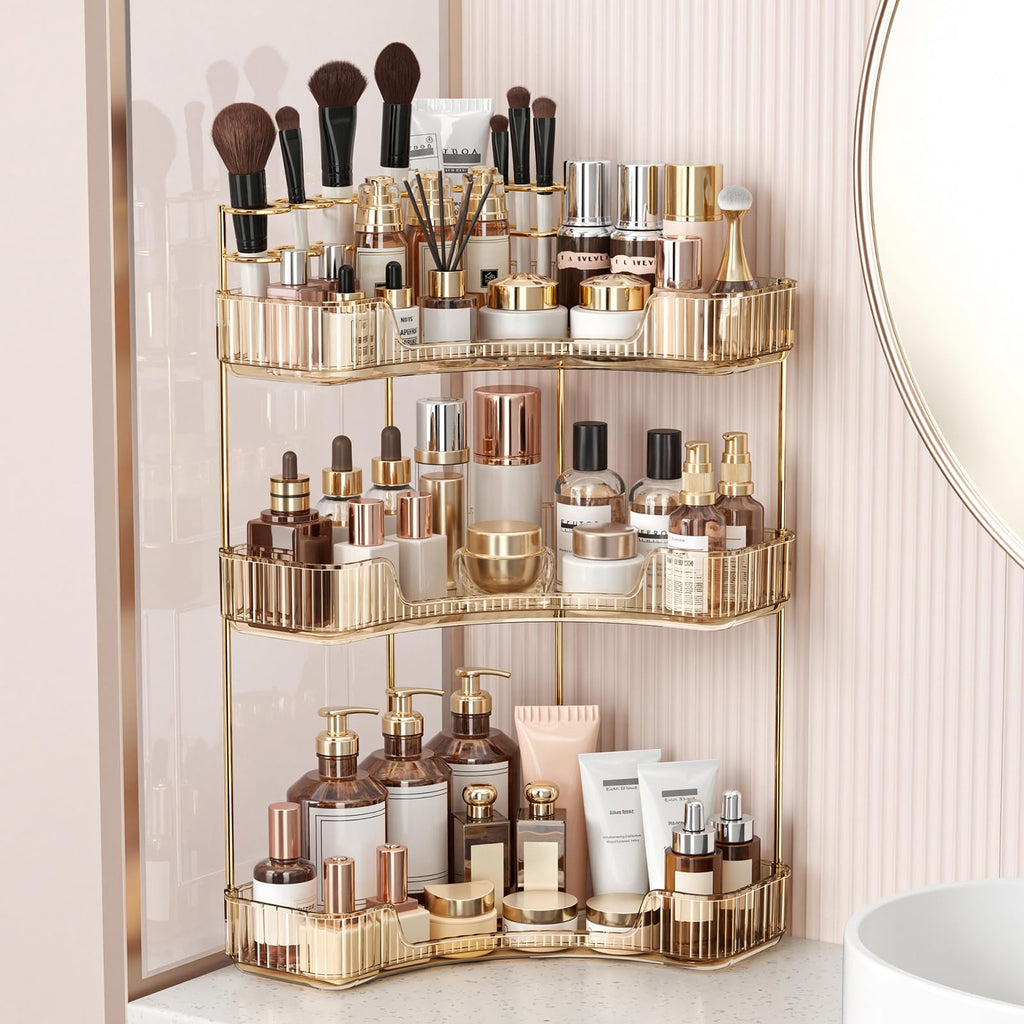 BEFSOP Corner Bathroom Counter Organizer, Upgraded 3-Tier Makeup Organizer Countertop with Makeup Brush Holder, Skincare Exquisite Vanity Organizers Countertop Bathroom Storage Dresser(CLEAR)
