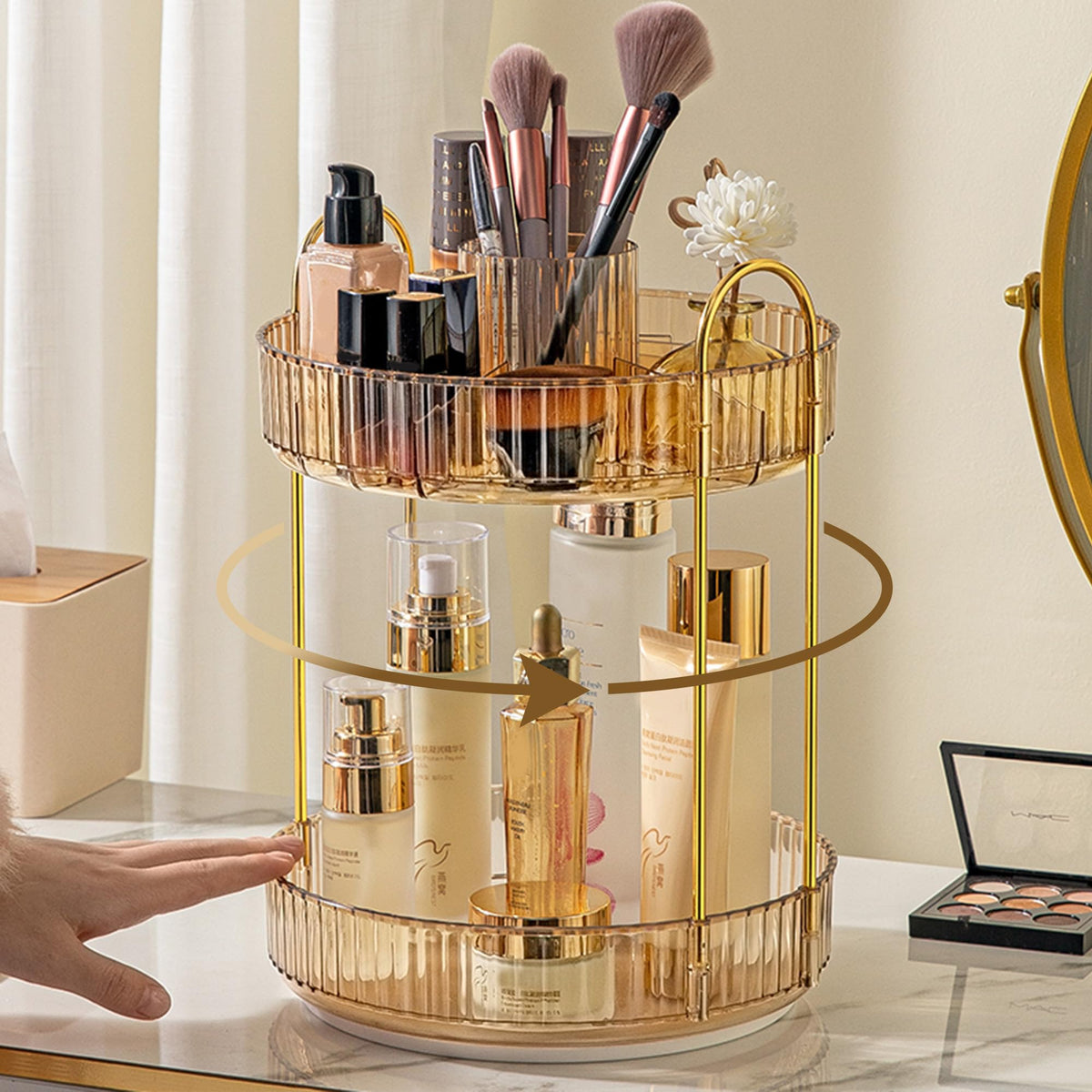 Aveniee 3-Tier 360° Rotating Makeup Organizer, Clear Spinning Perfume Cosmetic Storage for Vanity Countertop, Sturdy Metal Pole Skincare Holder Stand for Bathroom Dresser, White