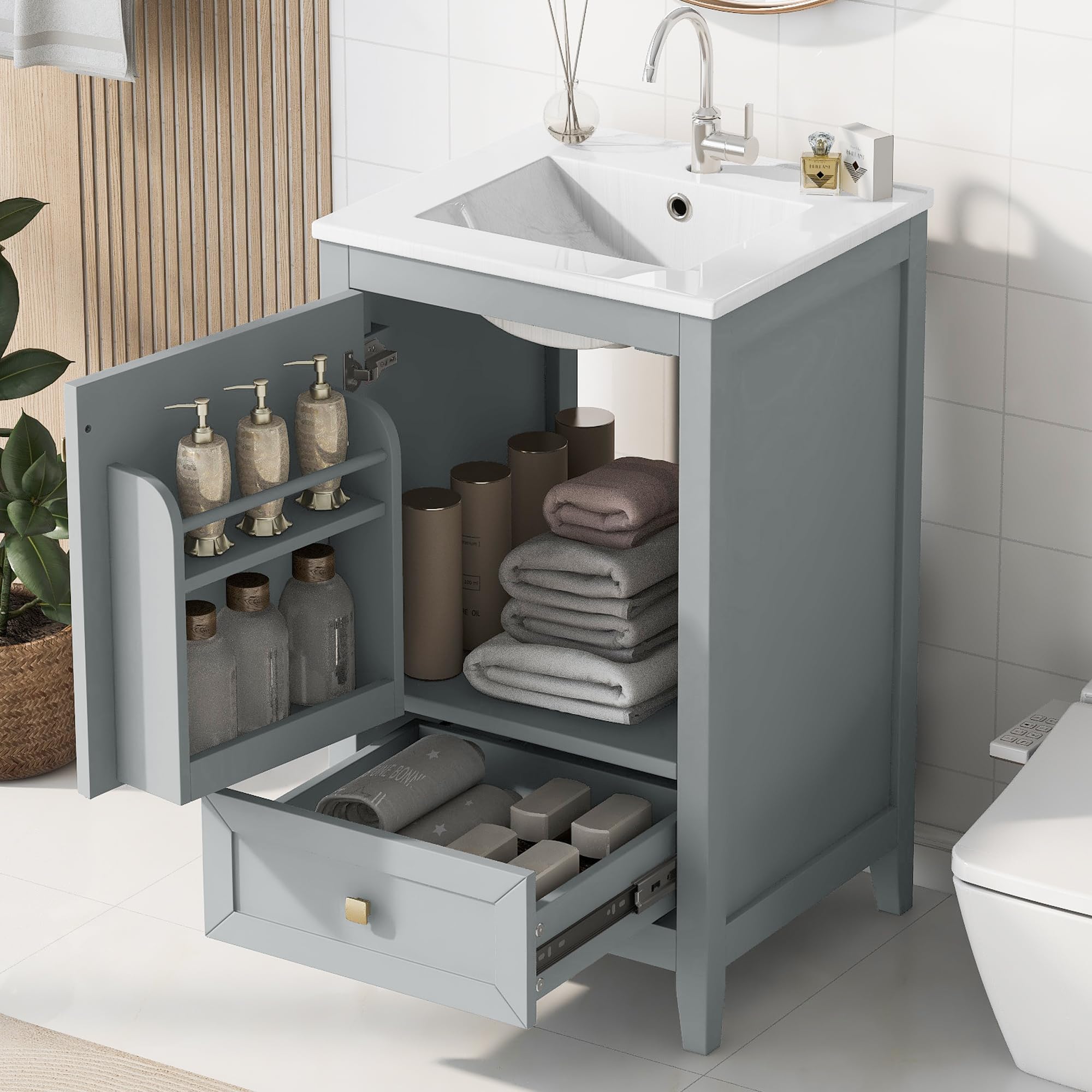Virubi 20 in Small Bathroom Vanity with Sink, Soft Closing Door,Tilt-Out Drawer and Adjustable Shelf,Solid Wood Frame Modern Single Bathroom Sink Cabinet with Storage, Freestanding, Natural Wood
