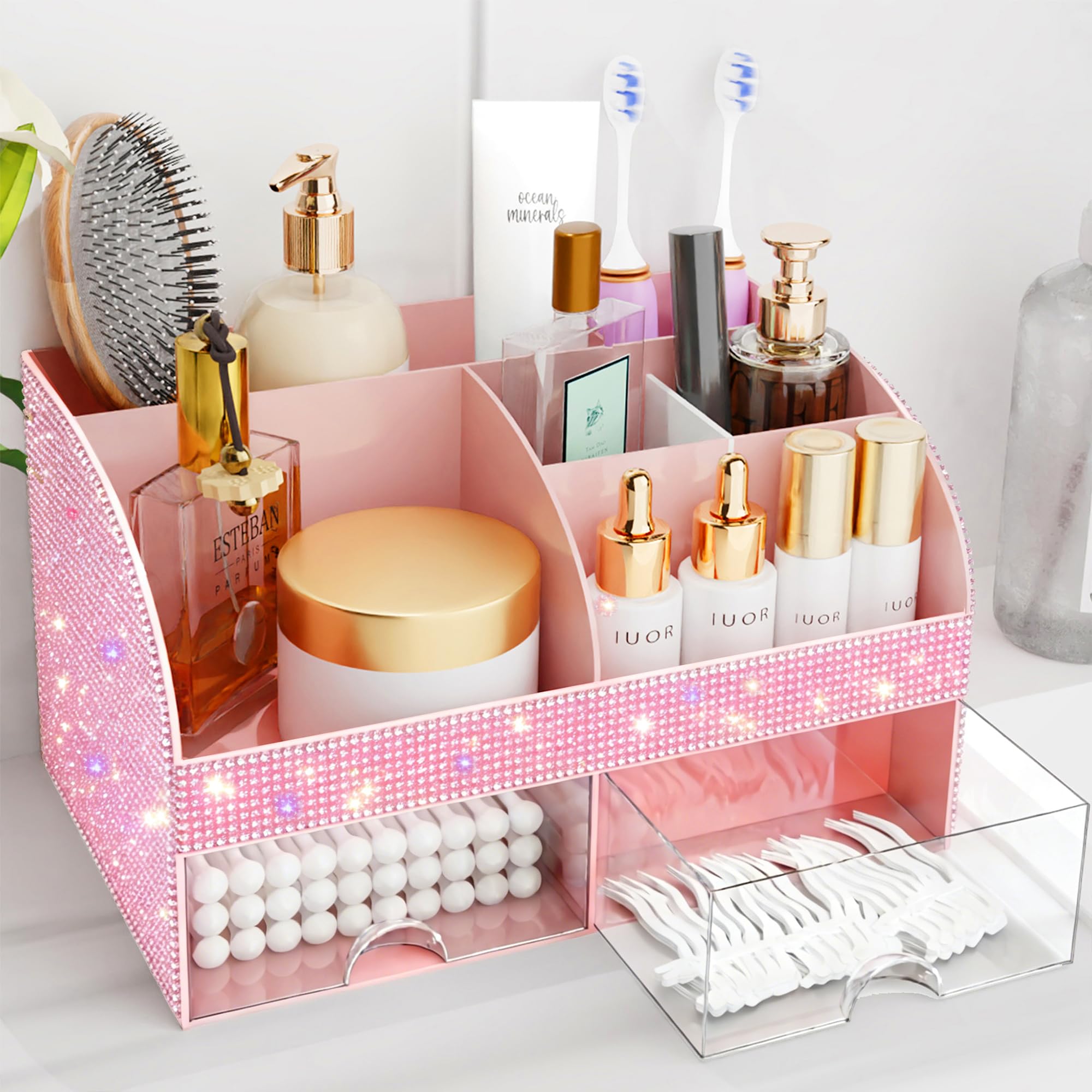 Makeup Organizer with Drawers, Cosmetic Storage for Dresser Vanity and Bathroom Countertop, Beauty Holder for Lipstick Brush, Skincare Organizer for Vanity, Cosmetic Display Case (Black-2Pack)