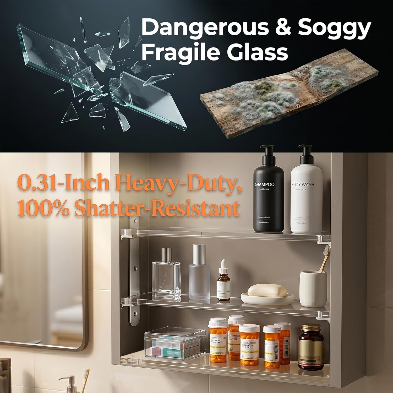 KOSHA 4 Pcs 13.25 Inch Acrylic Medicine Cabinet Shelves Replacement, High Clarity Clear Cabinet Shelf Organizer, 0.31" Thick Shatterproof Bathroom Wall Shelf Insert, Glass Shelf Alternative
