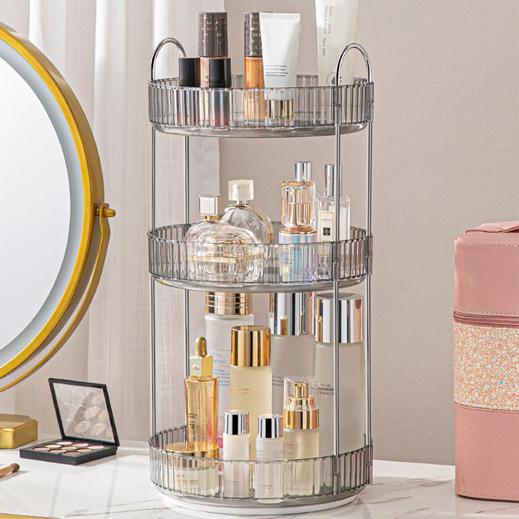 Aveniee 3-Tier 360° Rotating Makeup Organizer, Clear Spinning Perfume Cosmetic Storage for Vanity Countertop, Sturdy Metal Pole Skincare Holder Stand for Bathroom Dresser, White