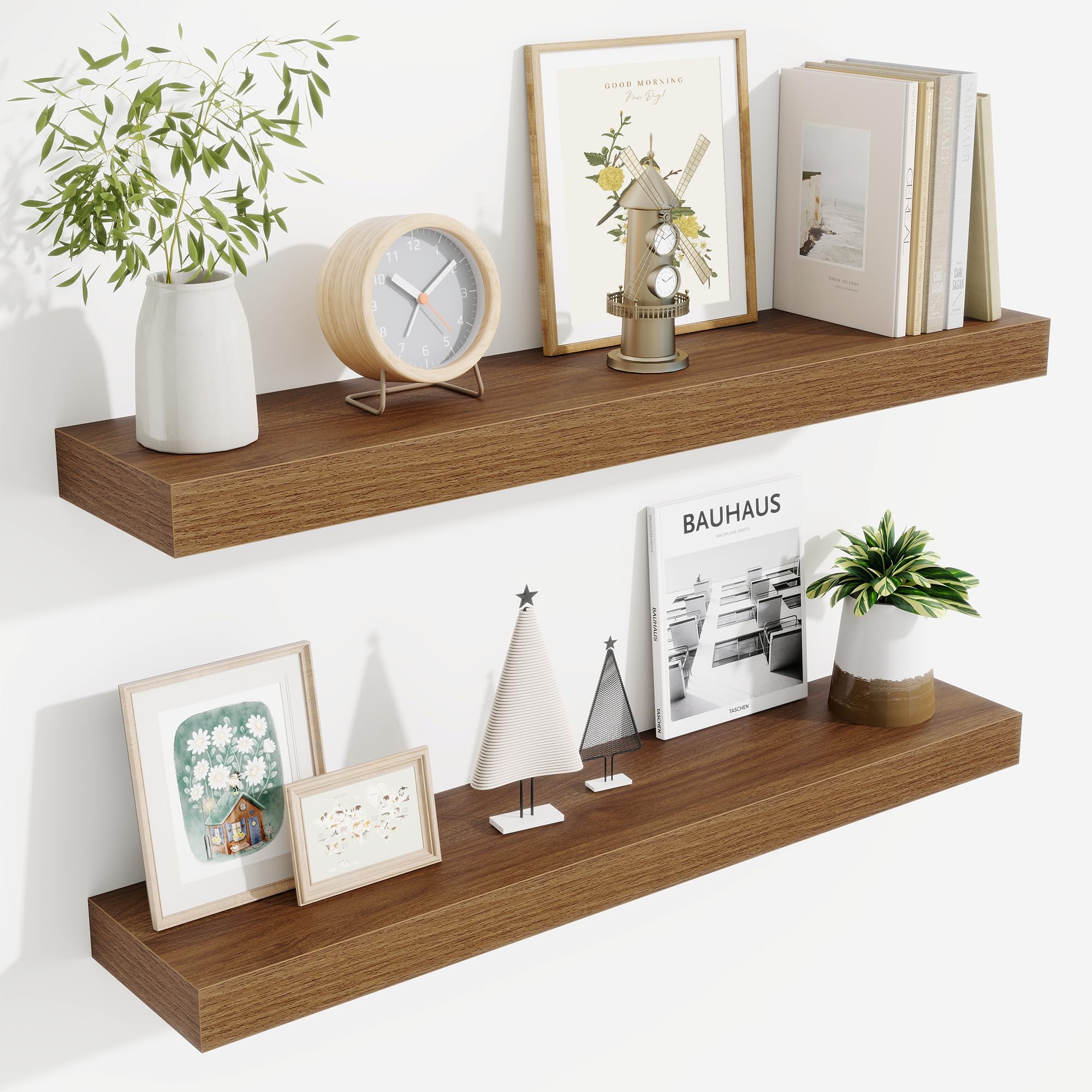Fun Memories Floating Shelves Bathroom for Wall Mounted Shelves, 20 Inch Wood Shelf Set of 2, Home Storage & Display Decor, Walnut