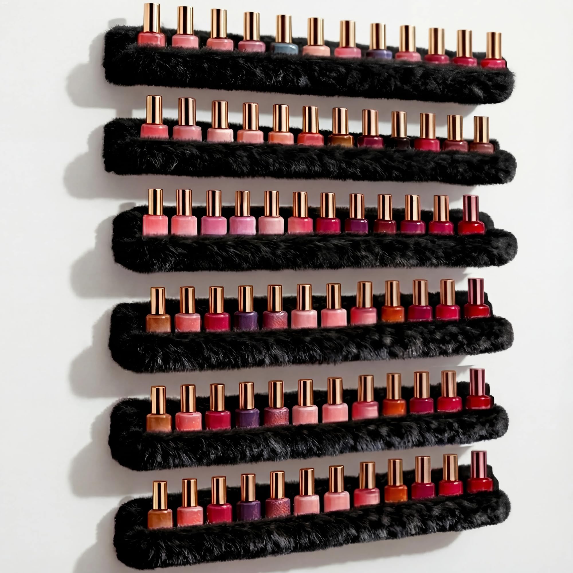 YMVV Wall-Mounted Nail Polish Organizer Rack - 15-Inch Gold Mirror Finish Nail Polish Shelf, Makeup & Beauty Essentials Storage - Multi-Purpose Display Holder for Small Space, Vanity Bathroom, 6 Pack