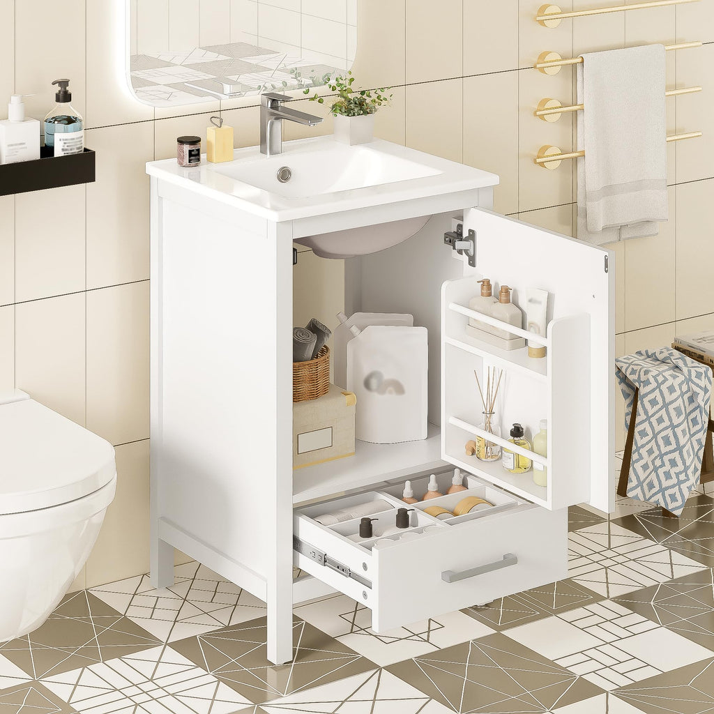 Virubi 20 in Small Bathroom Vanity with Sink, Soft Closing Door,Tilt-Out Drawer and Adjustable Shelf,Solid Wood Frame Modern Single Bathroom Sink Cabinet with Storage, Freestanding, Natural Wood