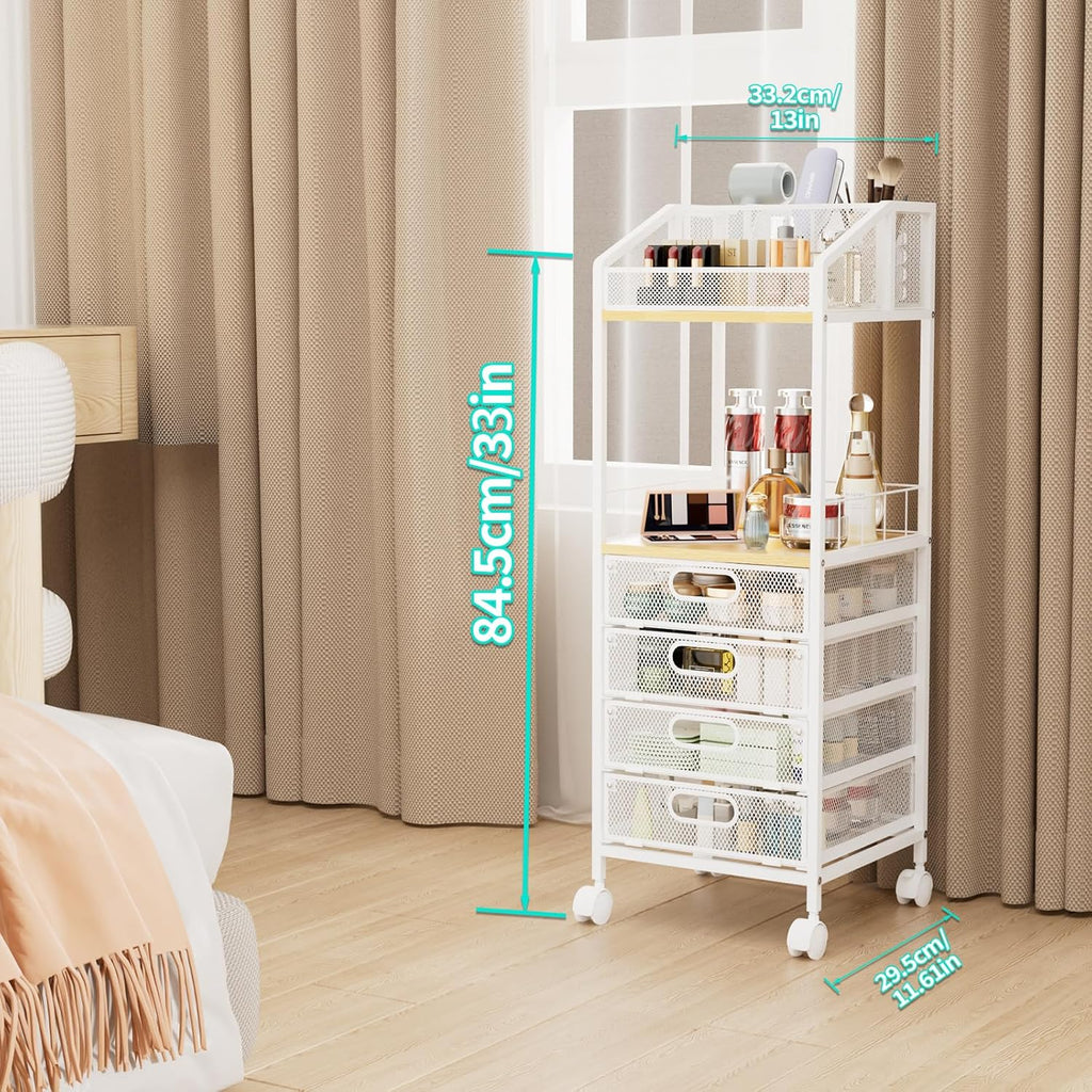 HapiRm Rolling Cart Makeup Organizer - Metal Makeup Cart with Wheels and Drawers for Small Spaces & Messy Vanities, Space-Saving Beauty Cosmetics Cart Storage Cabinet Stand for Perfume Hair Tools