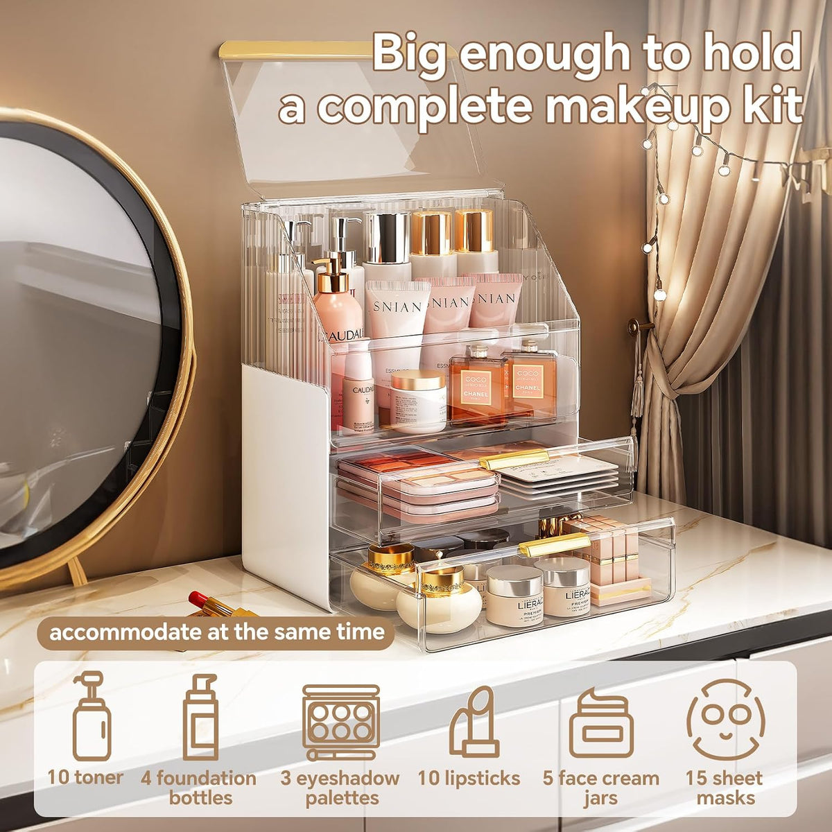 Makeup Organizer Countertop with Lid, Skincare Organizers for Vanity, 3 Tiers Clear Makeup Storage Cosmetic Display Cases Holder for Bedroom Bathroom Dresser Desk Countertop