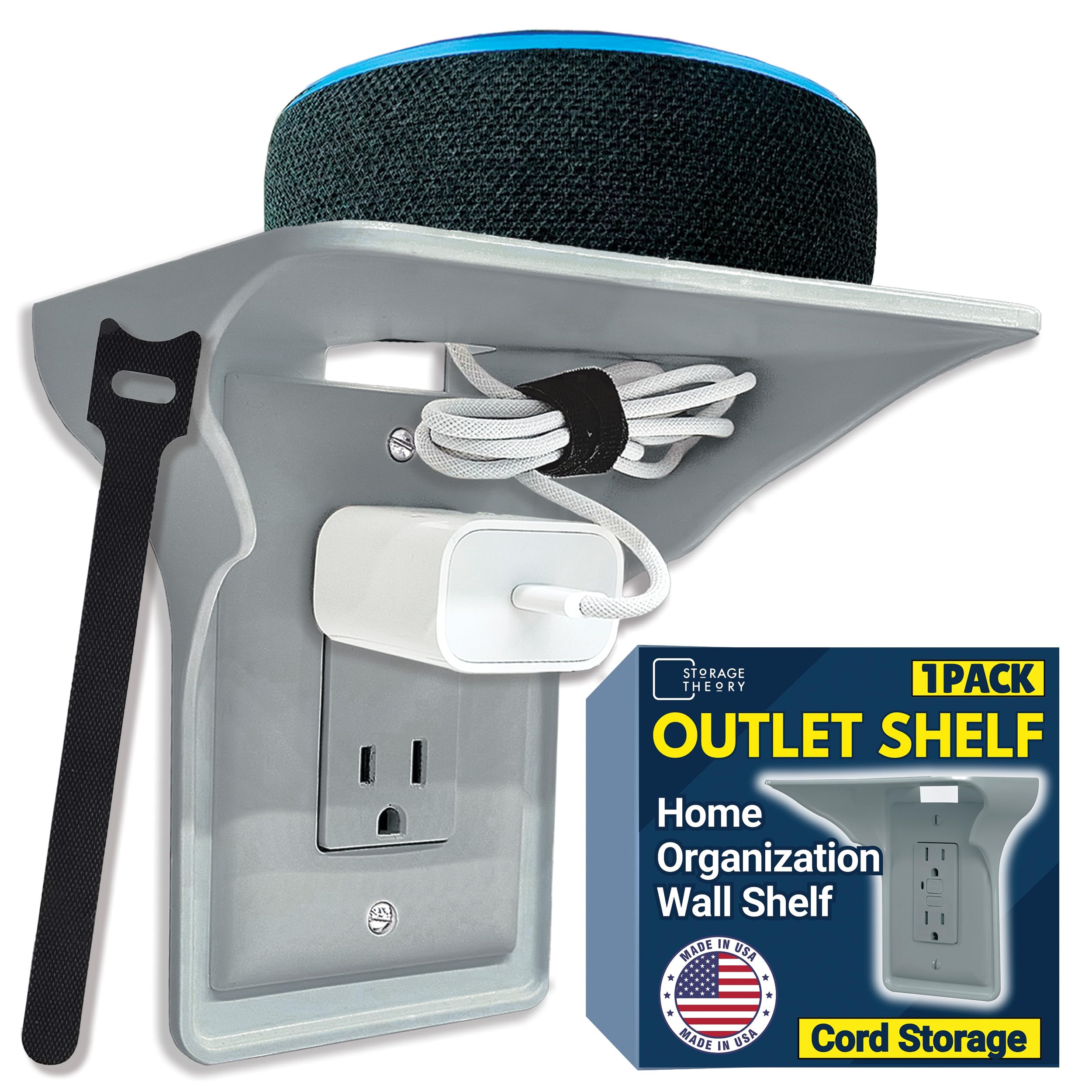 Power Perch Outlet Shelf with Cord Storage Strap, Plug Shelf White 2-Pack