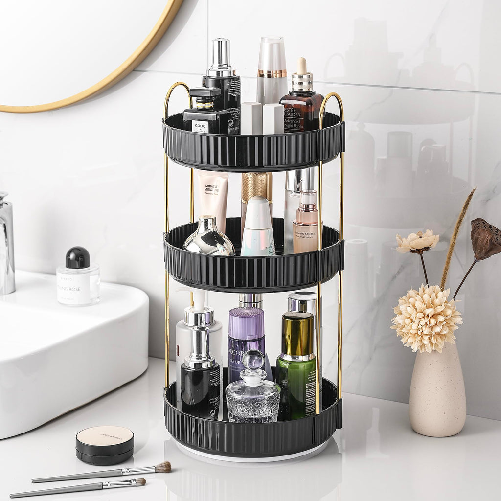 Aveniee 3-Tier 360° Rotating Makeup Organizer, Clear Spinning Perfume Cosmetic Storage for Vanity Countertop, Sturdy Metal Pole Skincare Holder Stand for Bathroom Dresser, White