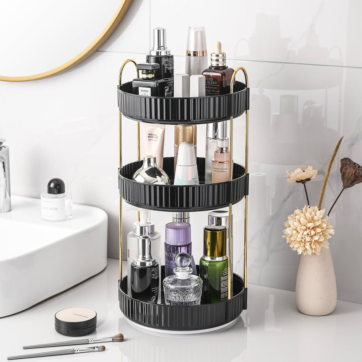 Aveniee 3-Tier 360° Rotating Makeup Organizer, Clear Spinning Perfume Cosmetic Storage for Vanity Countertop, Sturdy Metal Pole Skincare Holder Stand for Bathroom Dresser, White