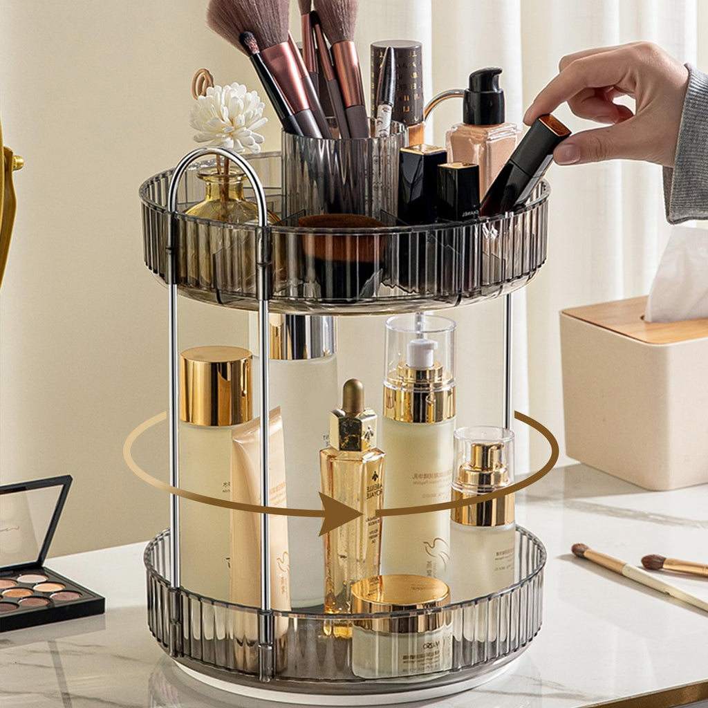 Aveniee 3-Tier 360° Rotating Makeup Organizer, Clear Spinning Perfume Cosmetic Storage for Vanity Countertop, Sturdy Metal Pole Skincare Holder Stand for Bathroom Dresser, White