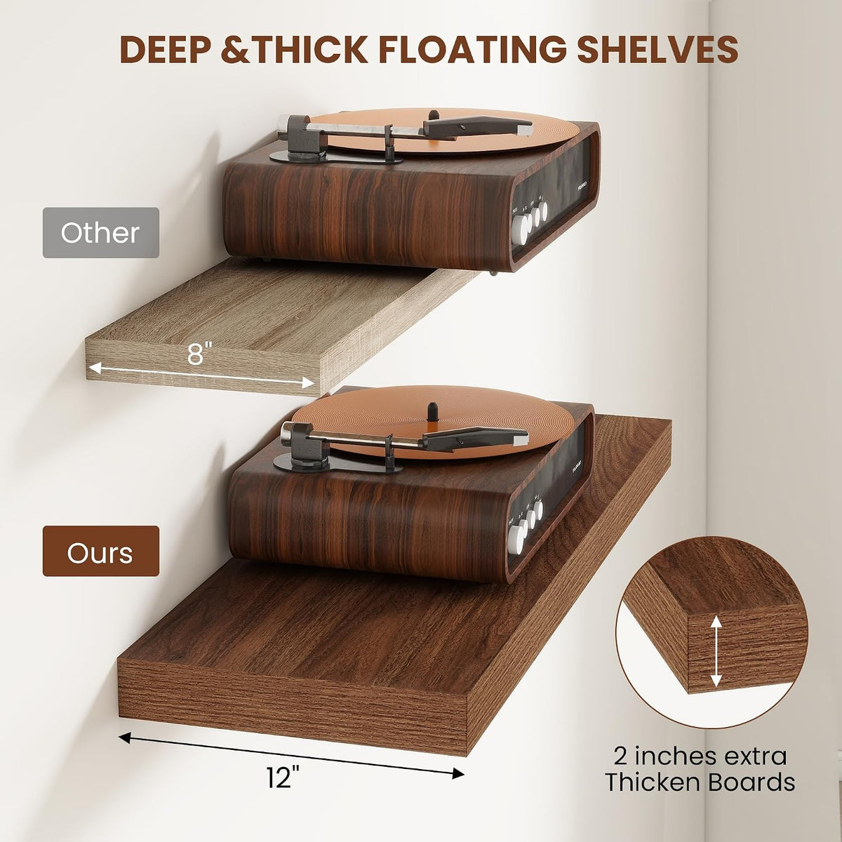 Deep Floating Shelves for Wall, 12 Inch Wide Small Wall Shelves Set of 2, 2 Inch Thick Invisible Wall Mounted Shelves for Bathroom Bedroom Nursery,Walnut Color