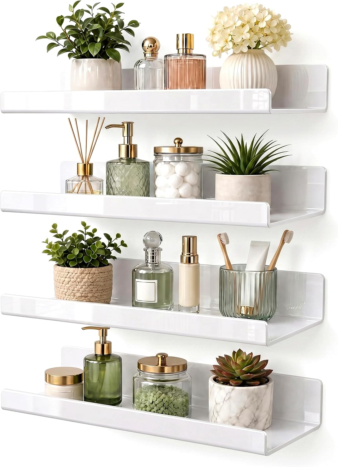 White Acrylic Bathroom Shelf Wall Mounted Floating Organizer with Front Lip