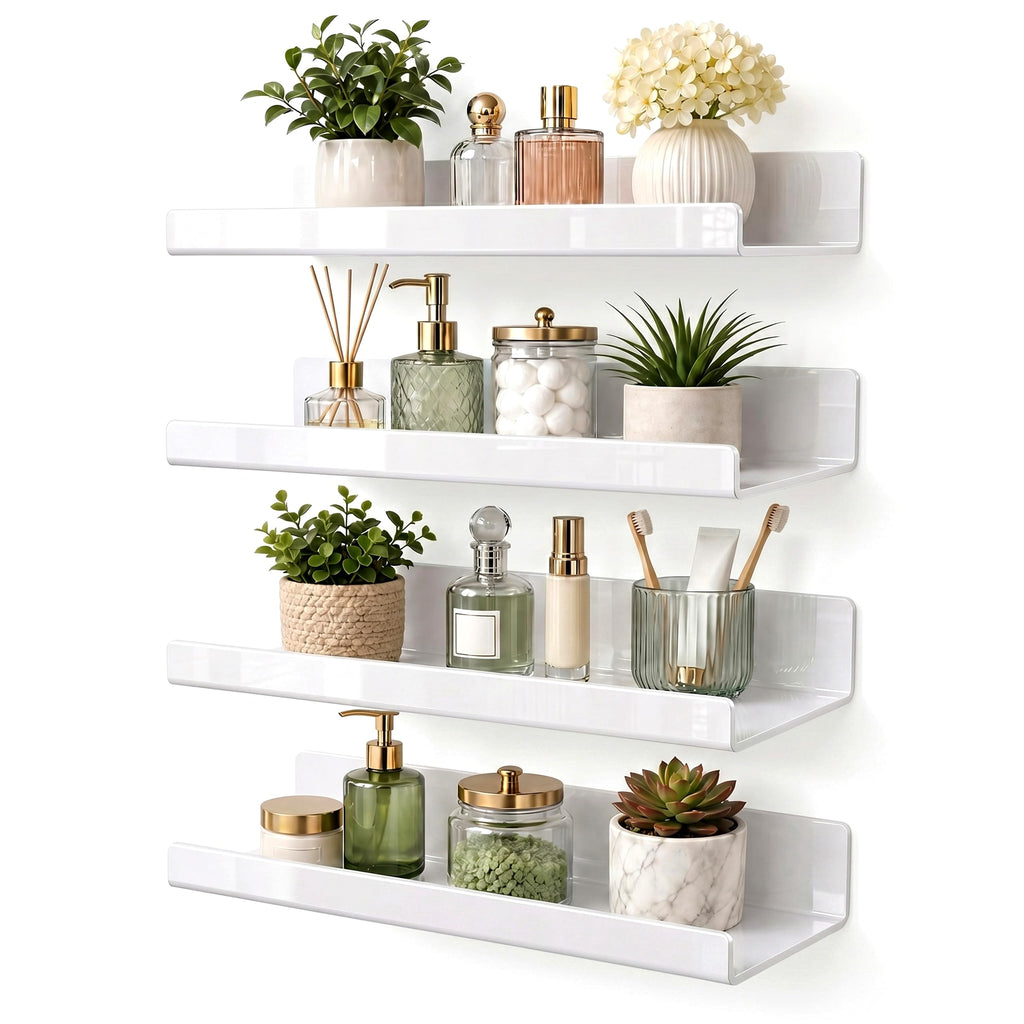 White Acrylic Bathroom Shelf Wall Mounted Floating Organizer with Front Lip