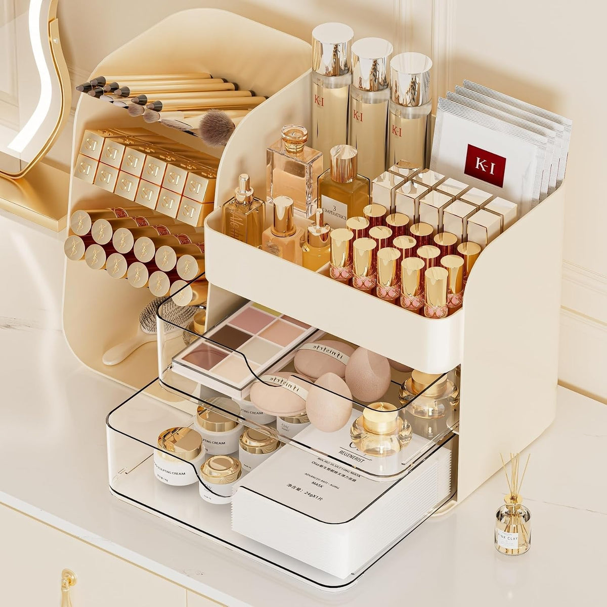 Booklov Small Makeup Organizer for Vanity Countertop, Cream