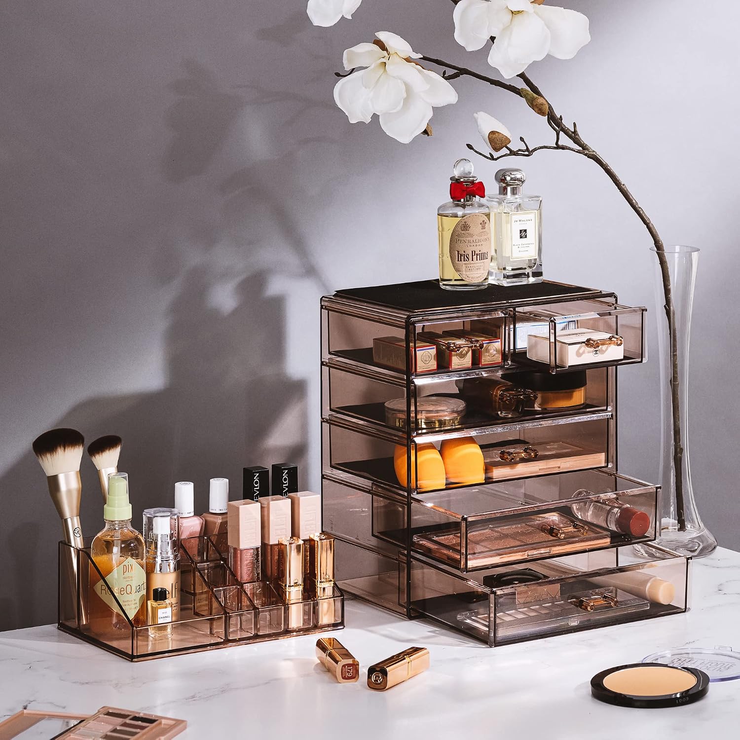 Sorbus Makeup Organizer, 6-Drawer Acrylic 2-Piece Set (Bronze Glow)
