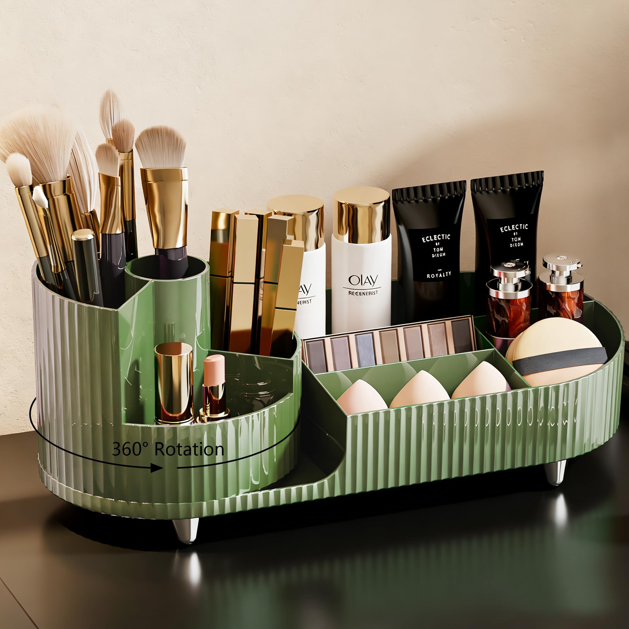 Rotating Makeup Organizer for Vanity with Brush Holder and Drawer, Cosmetic Makeup Storage, Large Spinning Makeup Skincare Organizer, Countertop Makeup Perfume Organizer, Lotions Display Case (Green)