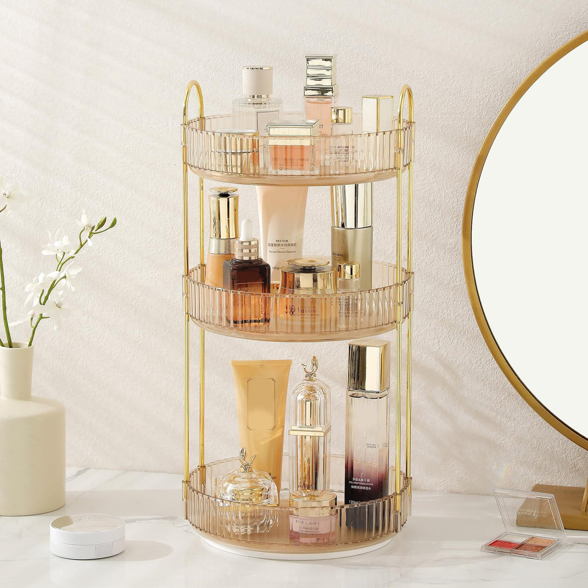 Aveniee 3-Tier 360° Rotating Makeup Organizer, Clear Spinning Perfume Cosmetic Storage for Vanity Countertop, Sturdy Metal Pole Skincare Holder Stand for Bathroom Dresser, White