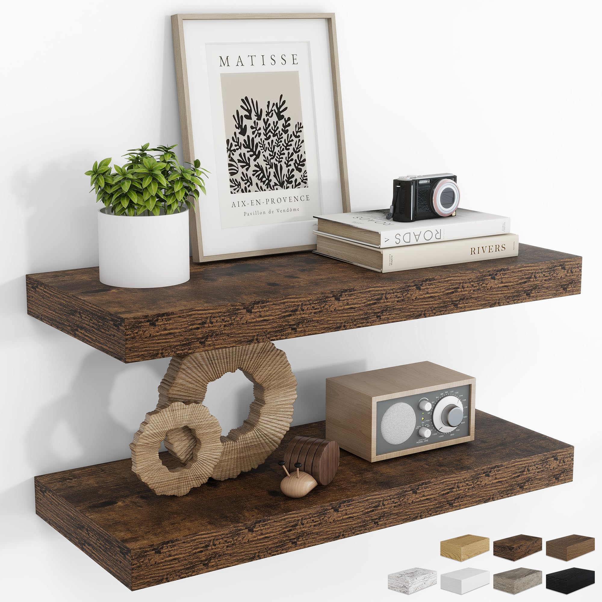 RICHFOCUS 28Inch Floating Shelves for Wall 2 Pack Shelves for Bedroom|Kitchen|Bathroom|Laundry Room Rustic Wood Wall Mounted Shelf with Invisible Brackets for Books|Storage|Decor, Oak