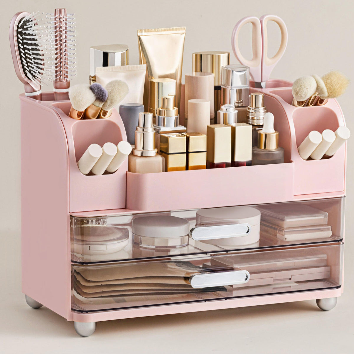 HBlife Makeup Organizer for Vanity with Brush Holder, Large Bathroom Countertop Cosmetic Organizer Skin Care Storage, Easy to Store Lipsticks, Nail Polishes, Perfumes, Eyeshadow Palettes, All White