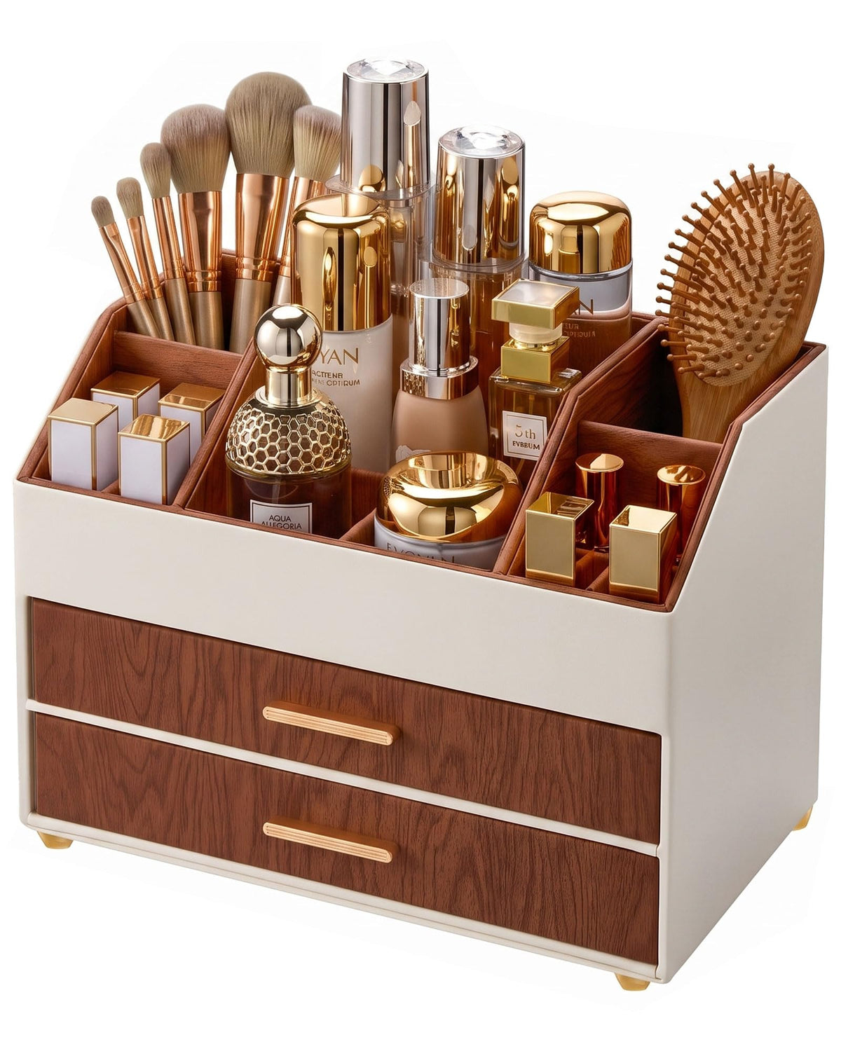 Lolalet 3-Layer PU Leather Makeup Organizer for Cosmetic Vanity -Beige