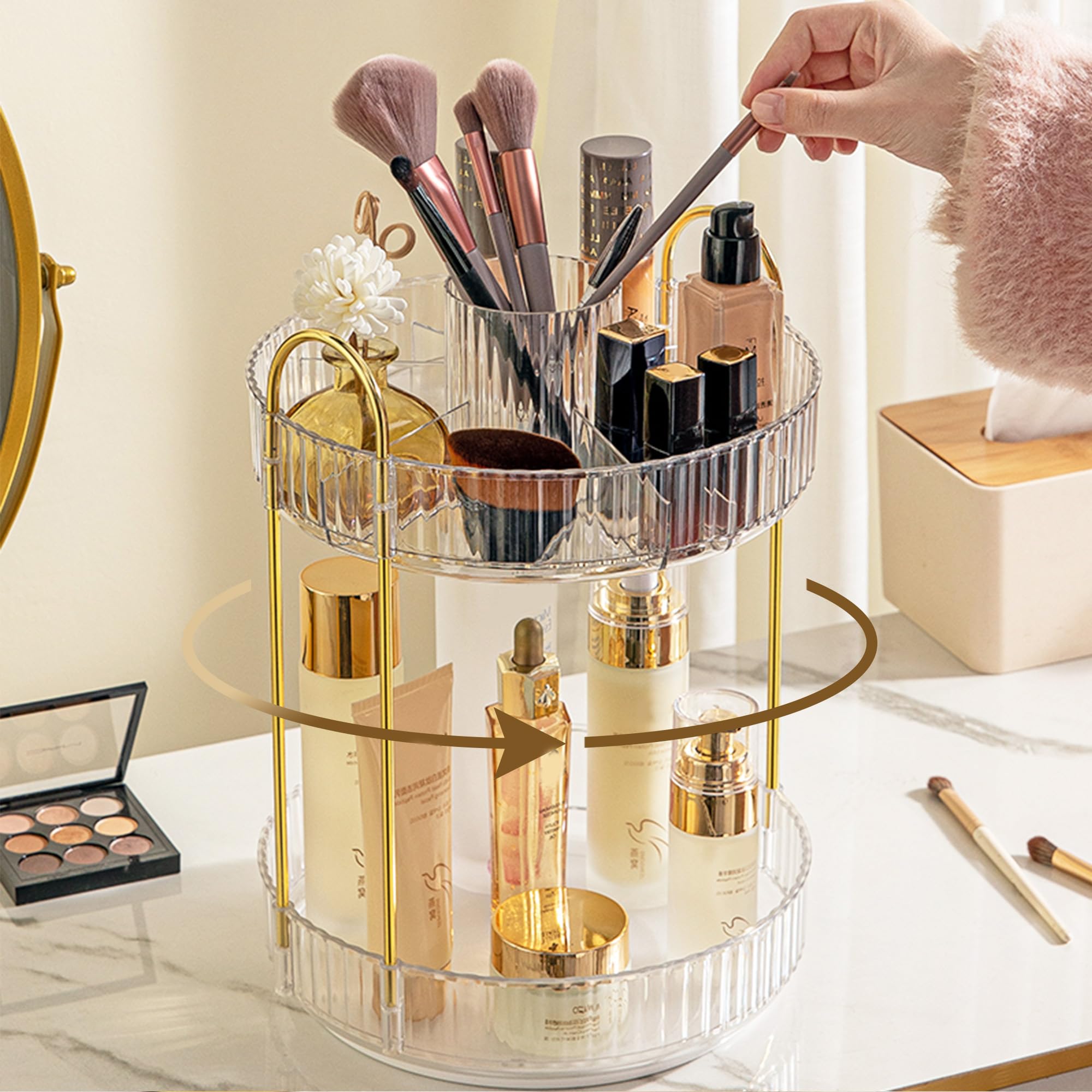 Aveniee 3-Tier 360° Rotating Makeup Organizer, Clear Spinning Perfume Cosmetic Storage for Vanity Countertop, Sturdy Metal Pole Skincare Holder Stand for Bathroom Dresser, White