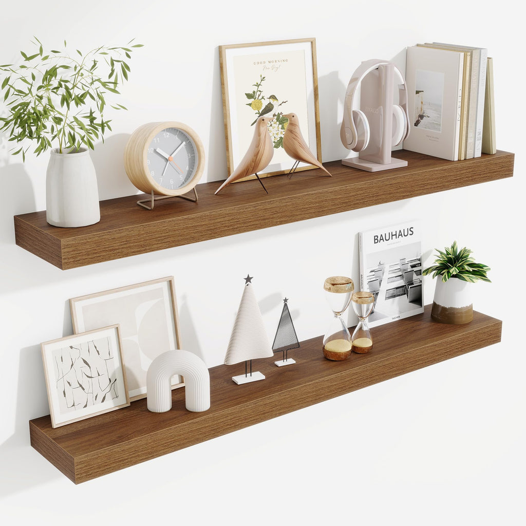 Fun Memories Floating Shelves Bathroom for Wall Mounted Shelves, 20 Inch Wood Shelf Set of 2, Home Storage & Display Decor, Walnut