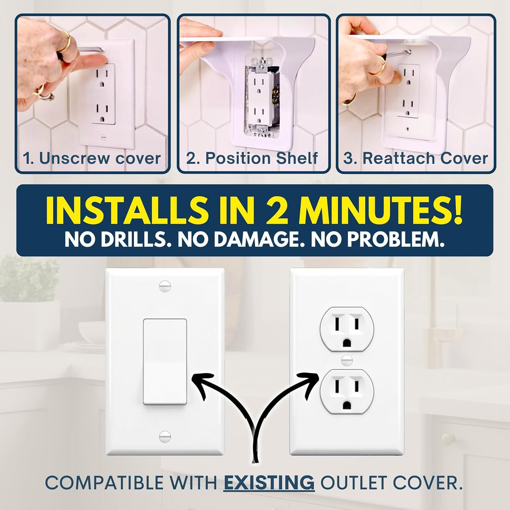 Power Perch Outlet Shelf with Cord Storage Strap, Plug Shelf White 2-Pack