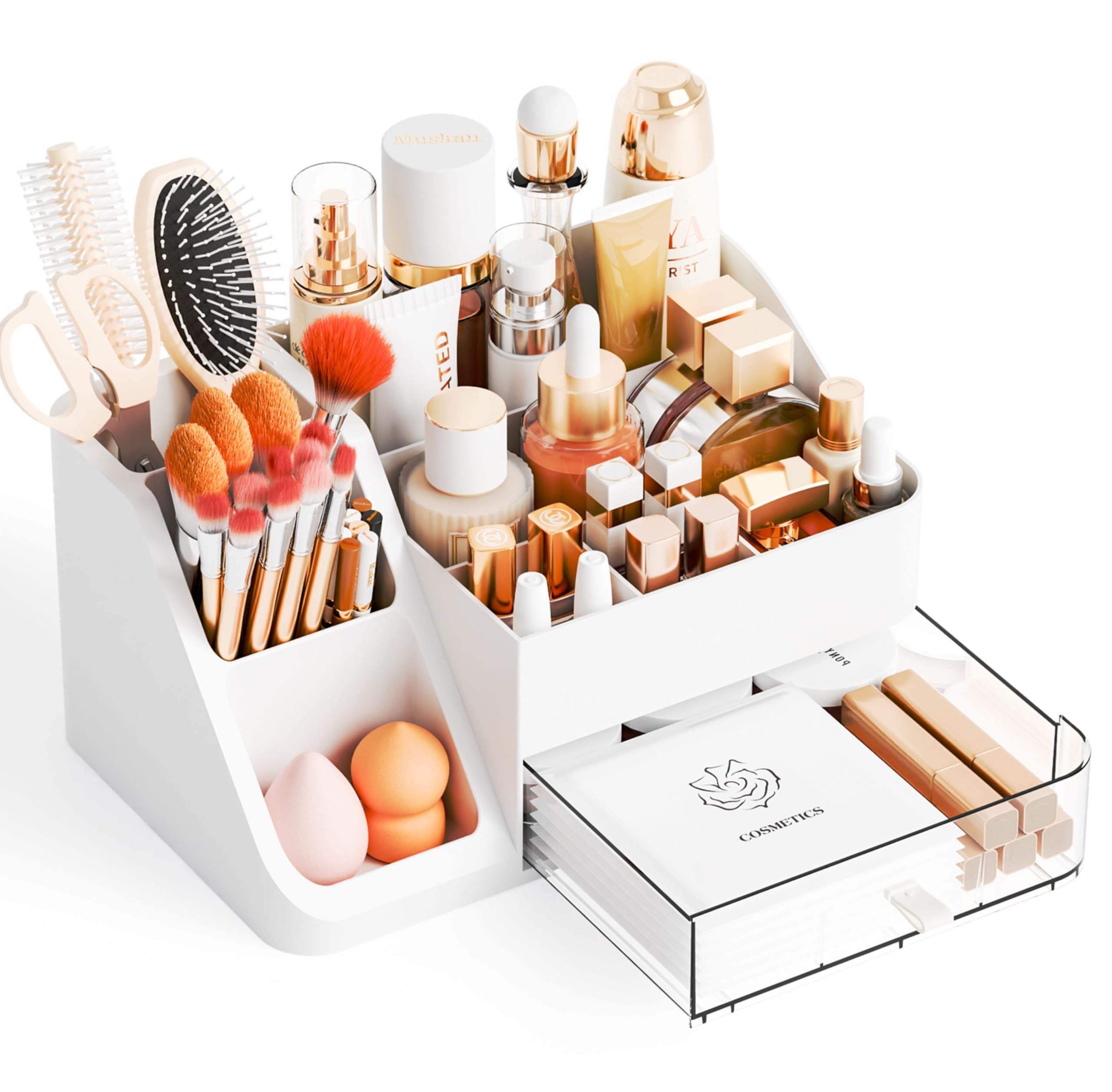 Yieach White Makeup Organizer Countertop With 4 Drawers,Large Cosmetics Storage Organizer for Brush,Hair Products,Plastic Makeup Holders and Beauty Skincare Organizers for Bathroom,Vanity,Dresser Top