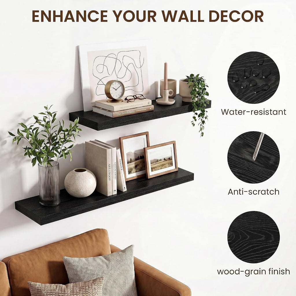 36in Floating Shelves for wall Set of 2, Black Wall Mounted Shelf 9.3in Deep for Wall Decor, Hanging Shelf 1.5in Thick for Living Room, Bedroom, Bathroom, Kitchen, Office